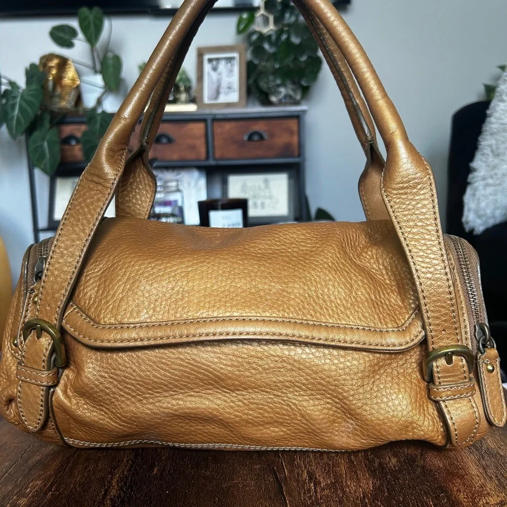Cole Haan Village Metallic Bronze Gold Pebbled Leather Satchel Shoulder Bag